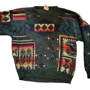 Vintage Peter Jon Sweater Mens XL Green Aztec Southwestern 80s Acrylic Pullover